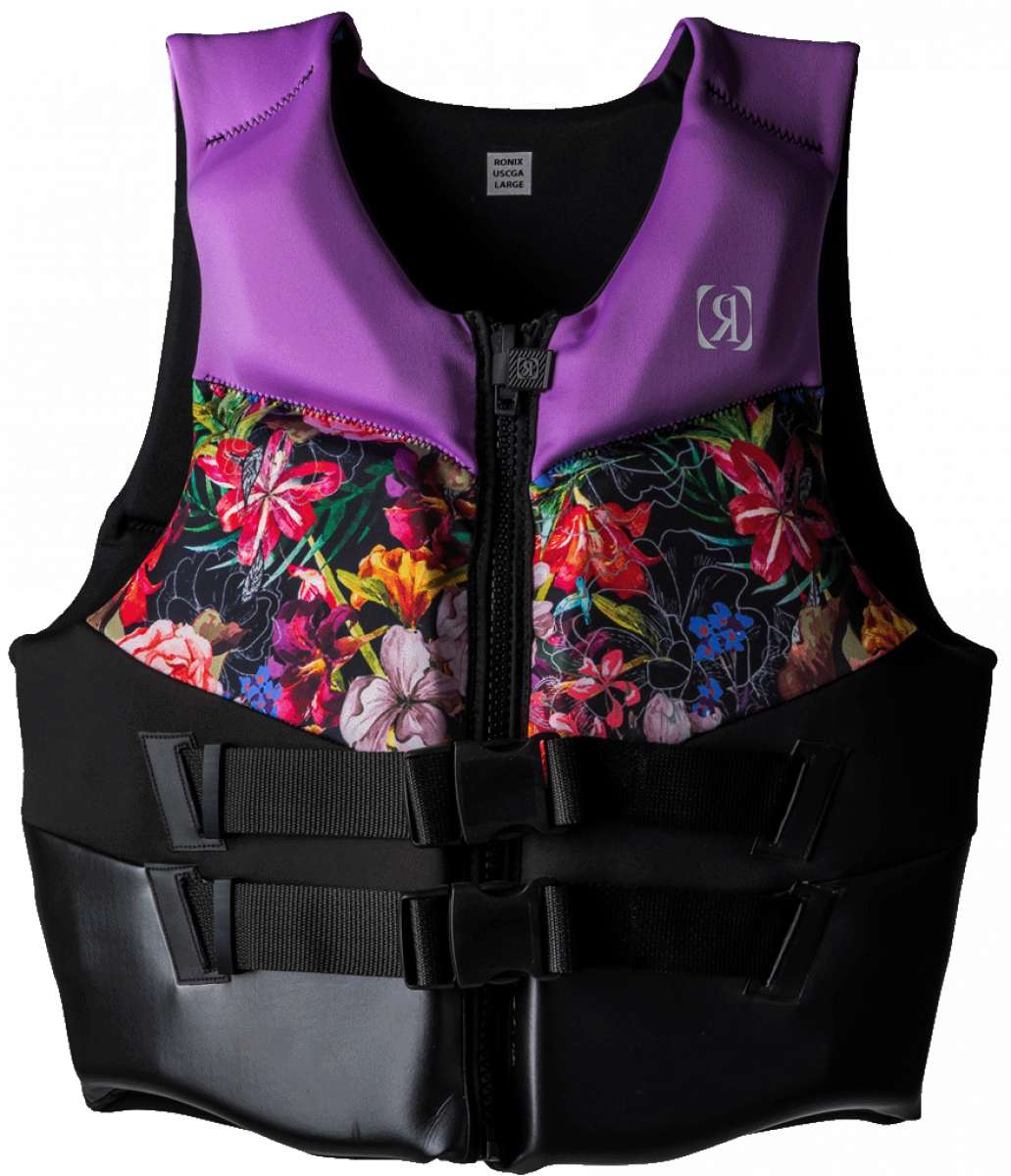 Ronix Ladies Daydream CGA Vest 2023 - A purple and black floral-patterned life vest with a zipper down the front.