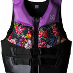 Ronix Ladies Daydream CGA Vest 2023 - A purple and black floral-patterned life vest with a zipper down the front.