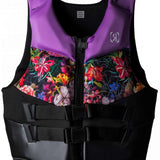 Ronix Ladies Daydream CGA Vest 2023 - A purple and black floral-patterned life vest with a zipper down the front.