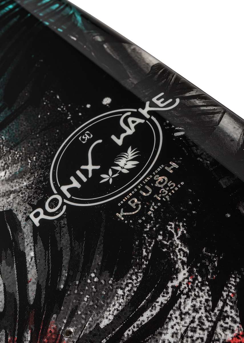 Ronix Ladies Krush Wakeboard 2022 - Black wakeboard with white and teal accents, featuring a palm tree graphic on top.