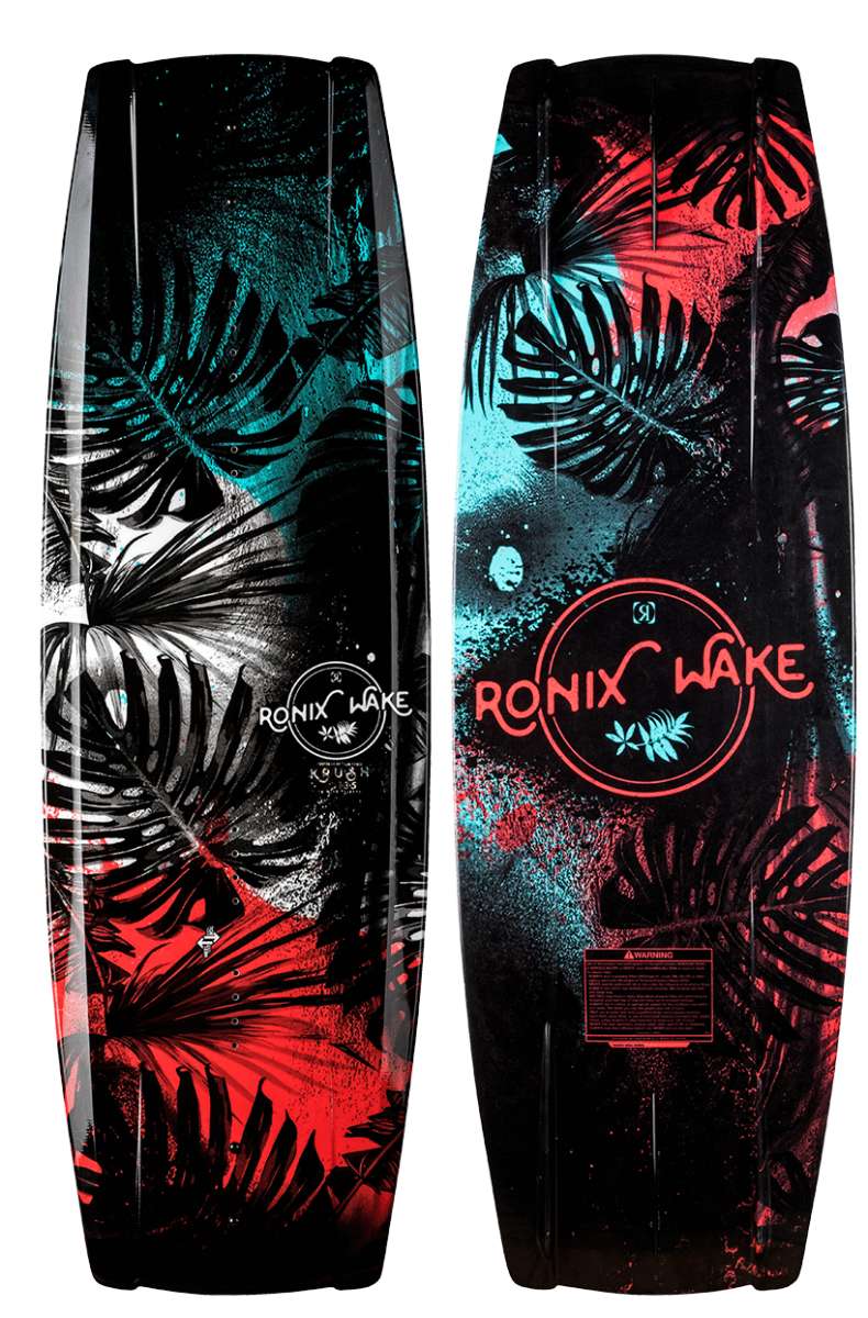 Ronix Ladies Krush Wakeboard 2022 - A black wakeboard with a white logo and a floral pattern on the top sheet.