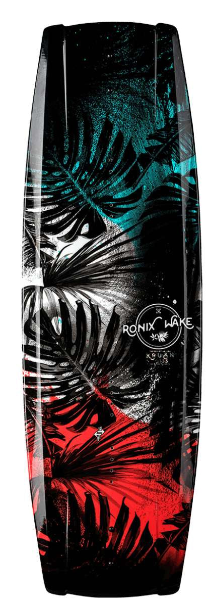Ronix Ladies Krush Wakeboard 2022 - A black wakeboard with a white logo and a woman riding it in the background.