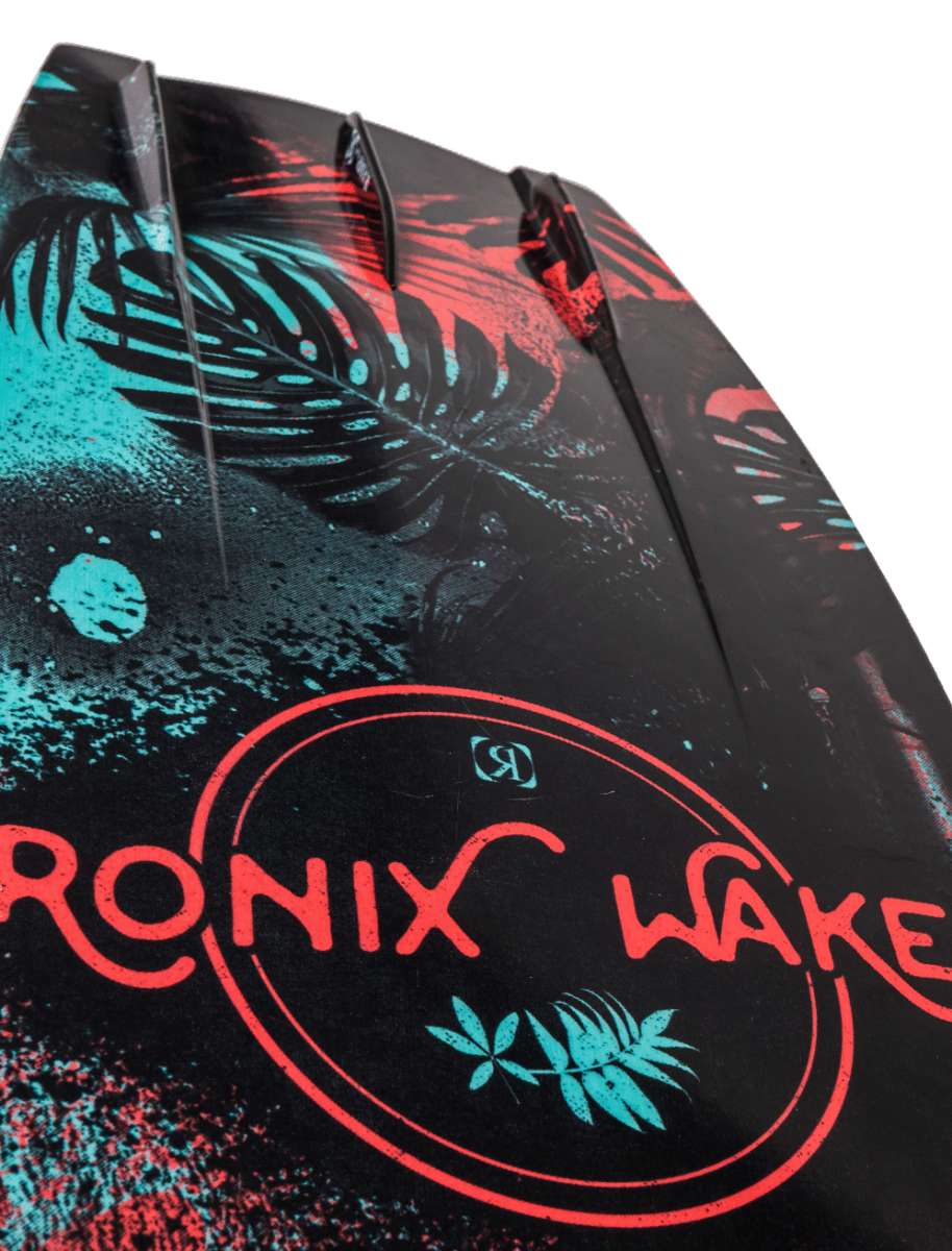 Ronix Ladies Krush Wakeboard 2022 - A black wakeboard with a blue and red palm leaf design on top.