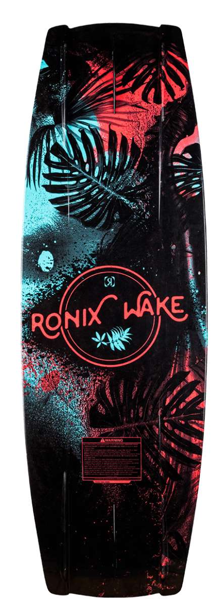 Ronix Ladies Krush Wakeboard 2022 - A black wakeboard with a blue and pink floral pattern on top.