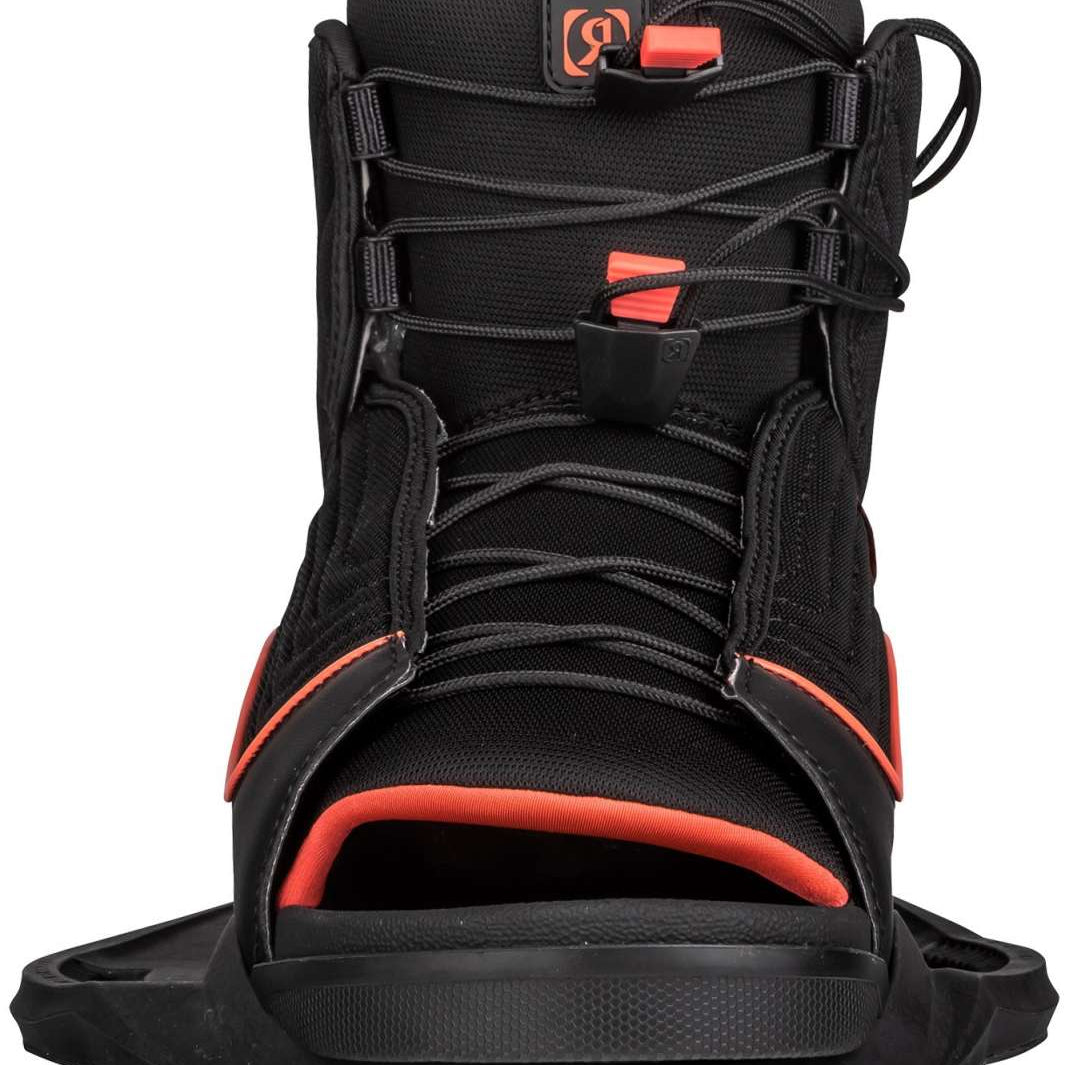 Ronix Ladies Luxe Wake Boot 2023 - Black boots with a red logo on top and red accents around the ankle area.