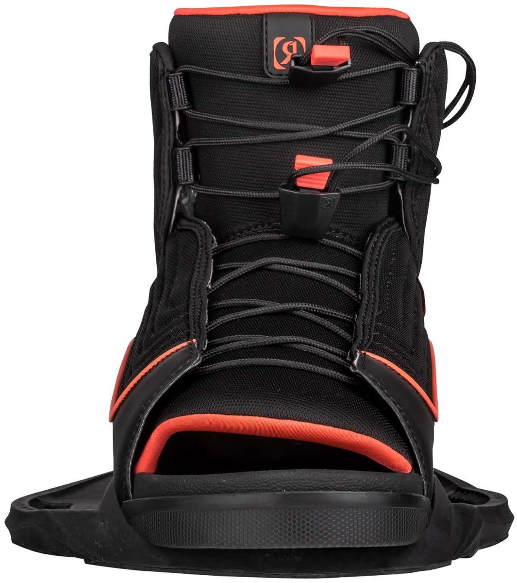 Ronix Ladies Luxe Wake Boot 2023 - Black boots with a red logo on top and red accents around the ankle area.