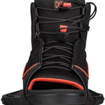 Ronix Ladies Luxe Wake Boot 2023 - Black boots with a red logo on top and red accents around the ankle area.