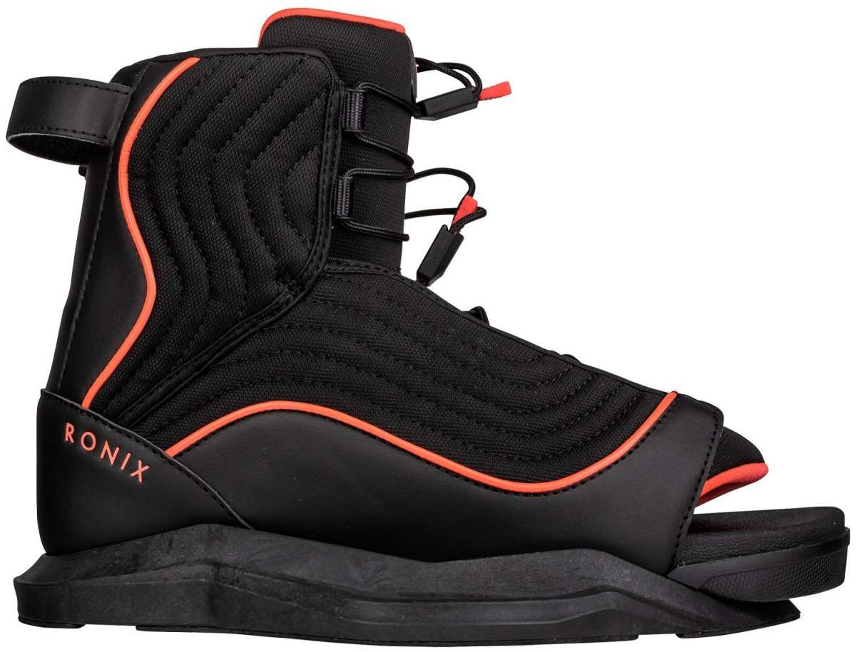 Ronix Ladies Luxe Wake Boot 2023 - Black boots with a textured pattern on the side and a red stripe along the top edge.