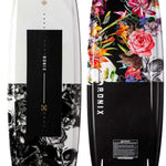 Ronix Ladies Quarter 'Til Midnight Wakeboard 2022 - A black and white floral patterned wakeboard with a skull design on the top of the board.