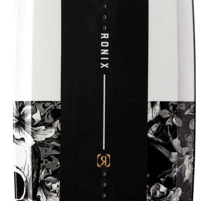 Ronix Ladies Quarter 'Til Midnight Wakeboard 2022 - A black and white floral patterned wakeboard with a gold logo on top.