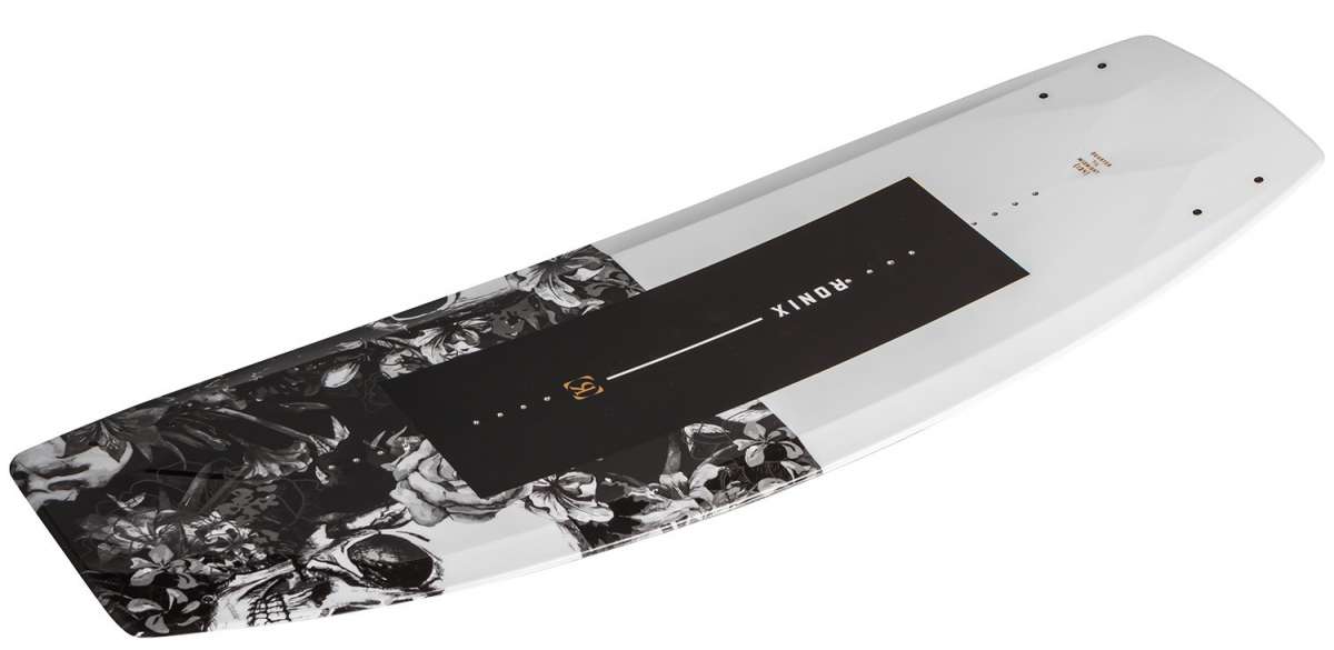 Ronix Ladies Quarter 'Til Midnight Wakeboard 2022 - A black and white floral patterned wakeboard with a gold logo on top.
