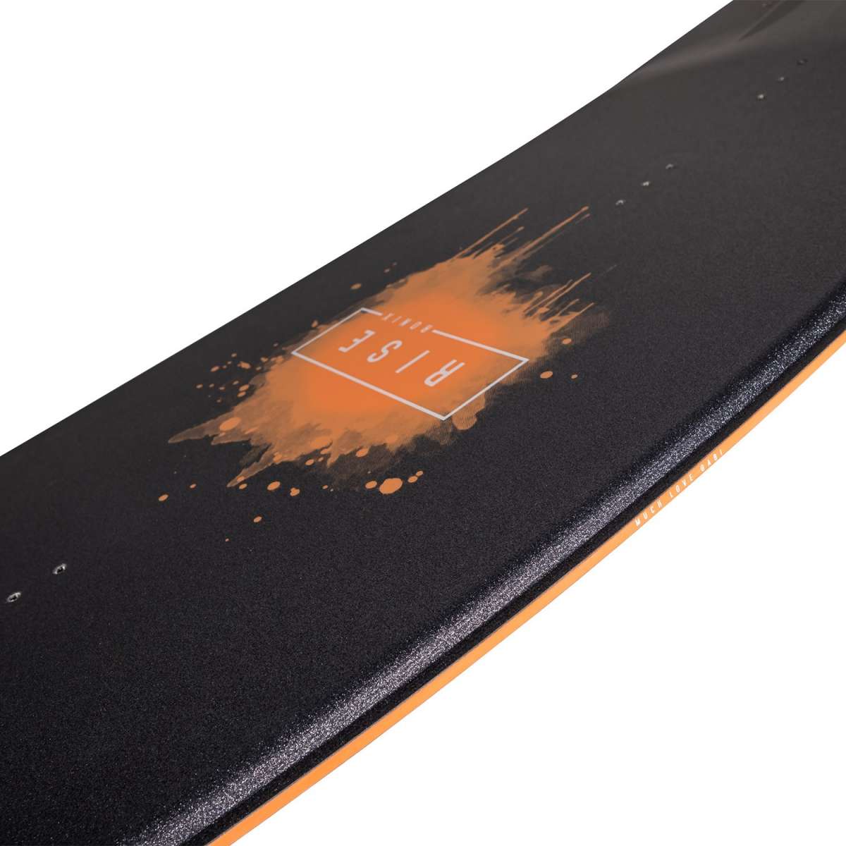 Ronix Ladies Rise Wakeboard 2022 - A black wakeboard with a white logo and text on top, featuring a woman riding it in the background.