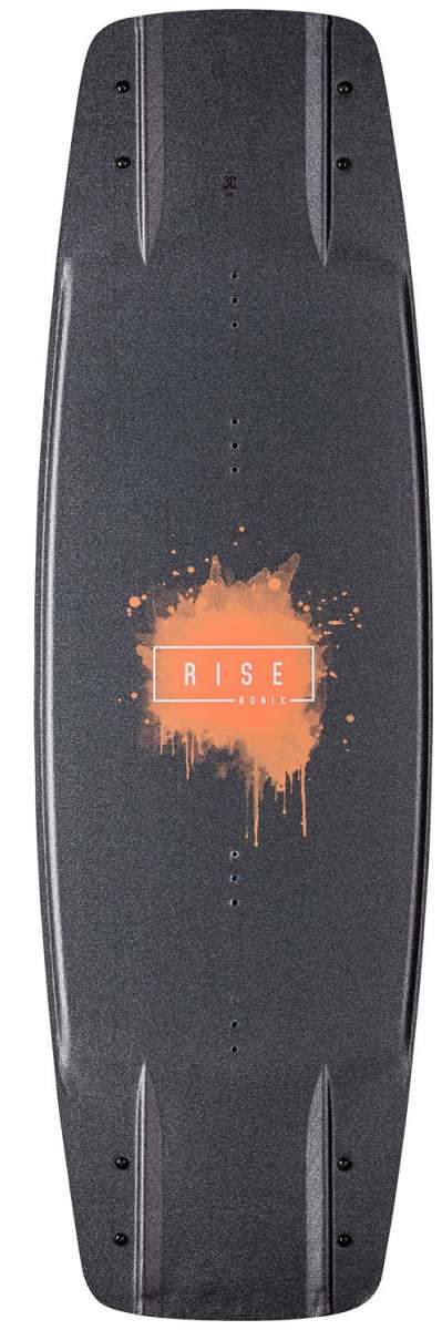 Ronix Ladies Rise Wakeboard 2022 - A dark gray ladies wakeboard with a subtle orange logo on top and an orange splatter design at the bottom.