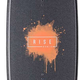 Ronix Ladies Rise Wakeboard 2022 - A dark gray ladies wakeboard with a subtle orange logo on top and an orange splatter design at the bottom.
