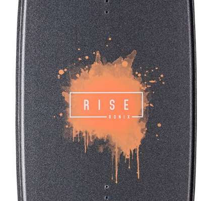 Ronix Ladies Rise Wakeboard 2022 - A dark gray ladies wakeboard with a subtle orange logo on top and an orange splatter design at the bottom.