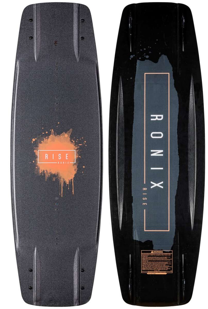 Ronix Ladies Rise Wakeboard 2022 - A dark gray wakeboard with a light orange logo and white lettering that reads "Rise".
