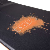 Ronix Ladies Rise Wakeboard 2022 - A black wakeboard with a white logo and lettering on top, featuring a woman riding it in the background.