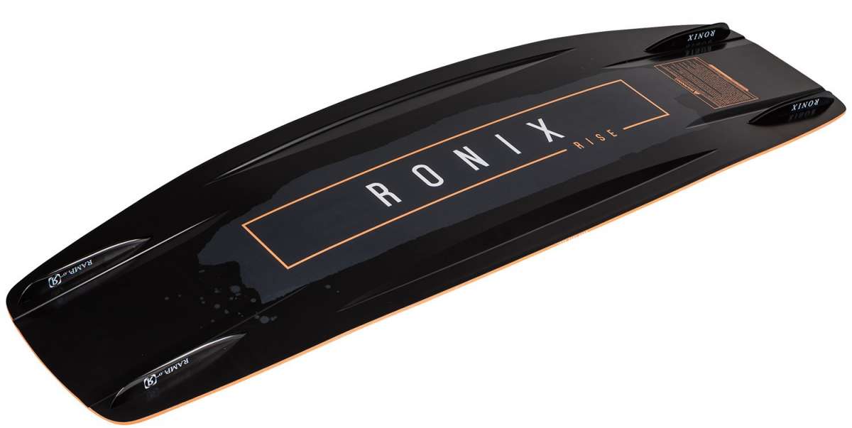 Ronix Ladies Rise Wakeboard 2022 - A black wakeboard with a white logo and text on top, featuring a brown graphic design in the center.