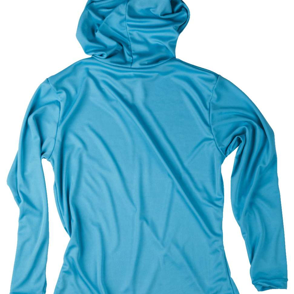 Ronix Ladies UV Shade Hoodie 2022 - A turquoise hoodie with a hood and long sleeves, laid flat on a white background.