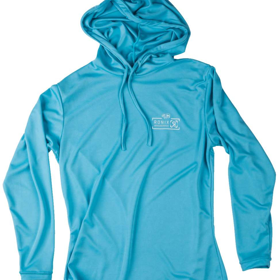 Ronix Ladies UV Shade Hoodie 2022 - A turquoise hoodie with a white logo on the chest and drawstrings hanging from the hood.
