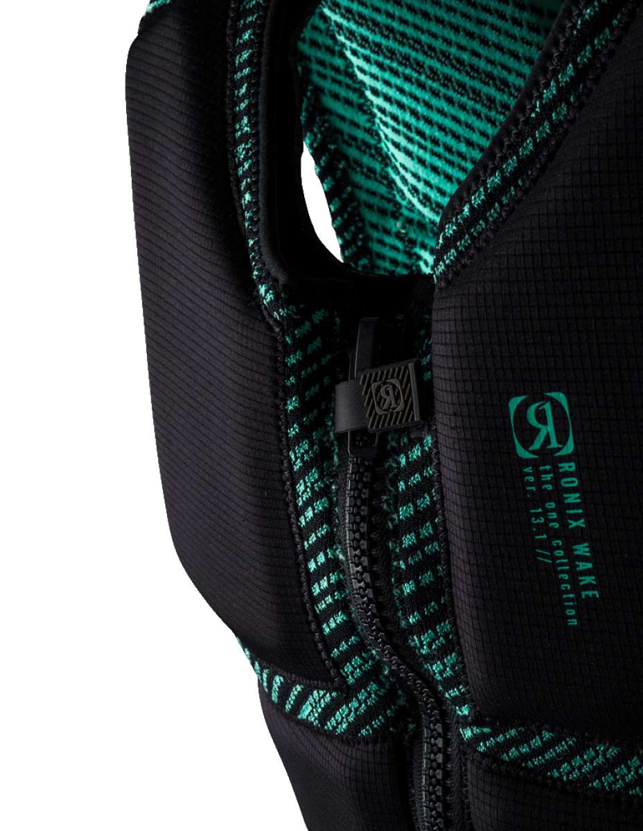 Ronix ONE Custom Fit Impact Wake Vest 2022 - A black and green wake vest with a diagonal striped pattern on the back.