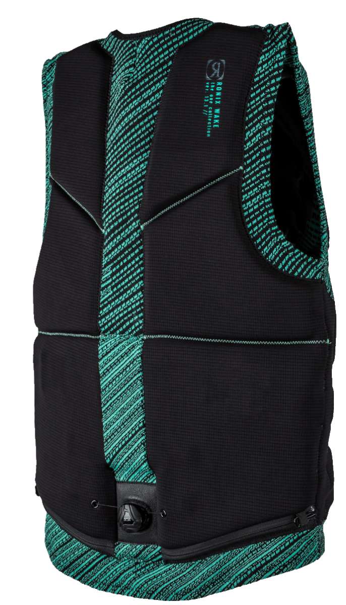 Ronix ONE Custom Fit Impact Wake Vest 2022 - A black vest with a green patterned stripe down the middle and on the sides.