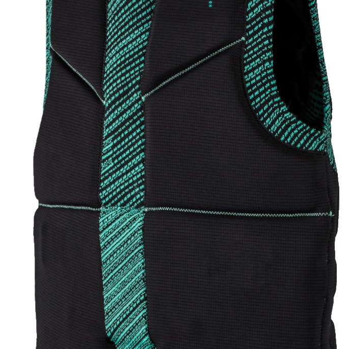 Ronix ONE Custom Fit Impact Wake Vest 2022 - A black vest with a green patterned stripe down the middle and on the sides.