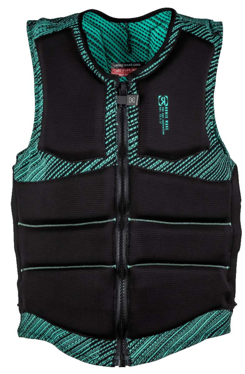 Ronix ONE Custom Fit Impact Wake Vest 2022 - A black wake vest with a red logo on the chest and teal accents around the armholes.