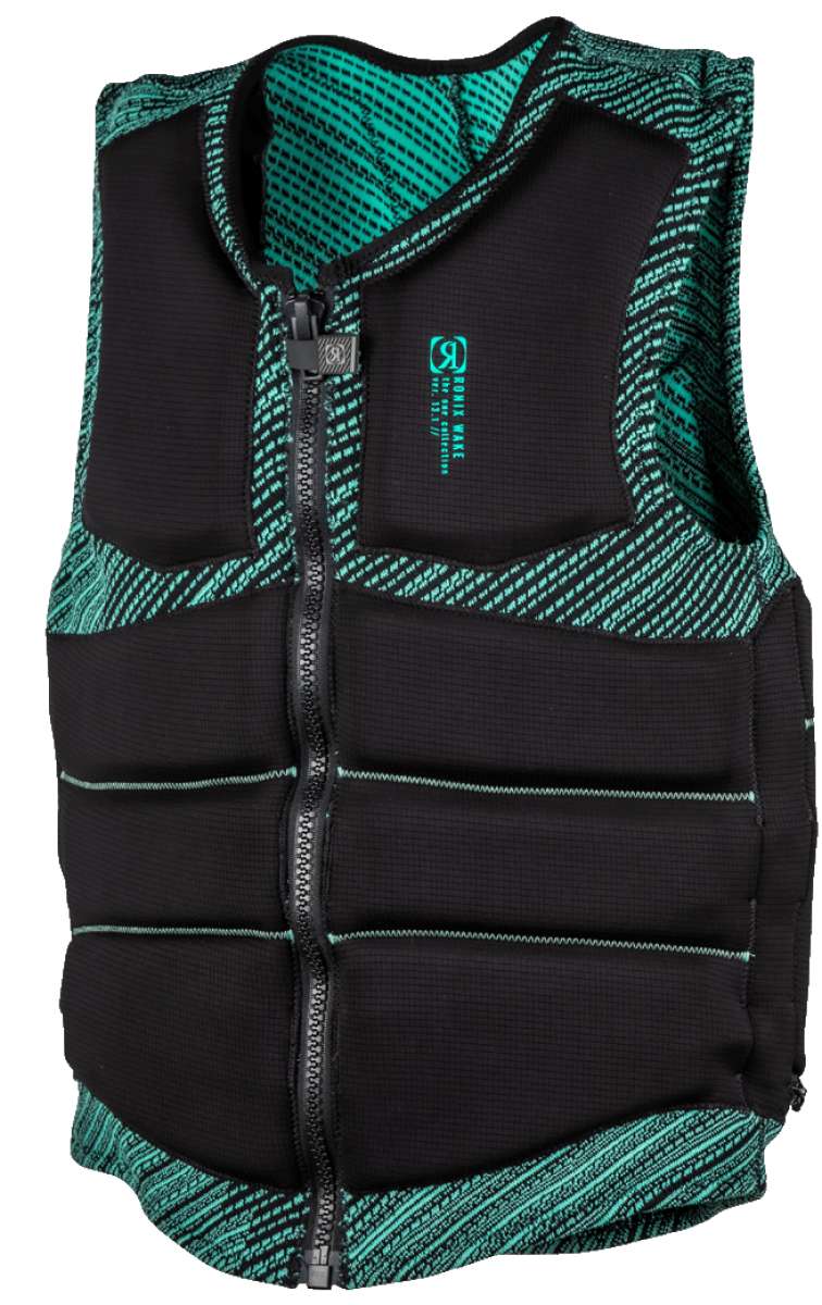 Ronix ONE Custom Fit Impact Wake Vest 2022 - A black vest with a teal patterned interior and accents on the shoulders, chest, and sides.