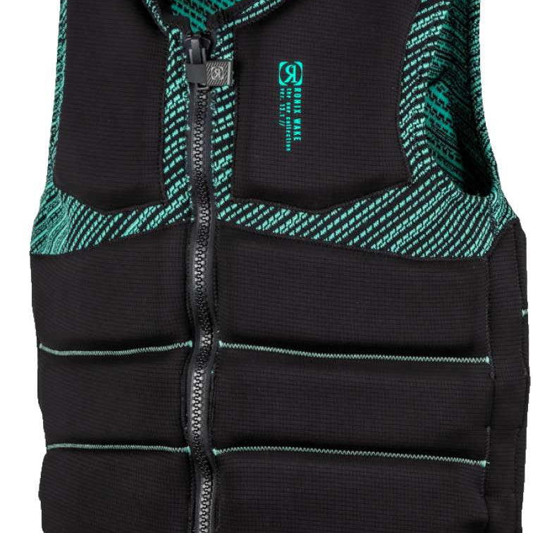 Ronix ONE Custom Fit Impact Wake Vest 2022 - A black vest with a teal patterned interior and accents on the shoulders, chest, and sides.