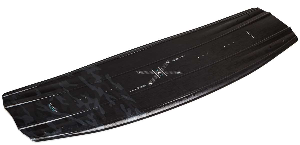 Ronix One Time Bomb Wakeboard 2022 - A black wakeboard with a subtle gray pattern and white lettering.