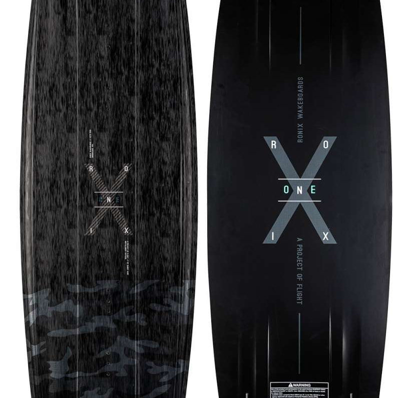 Ronix One Time Bomb Wakeboard 2022 - A black wakeboard with a subtle gray camouflage pattern on its bottom.