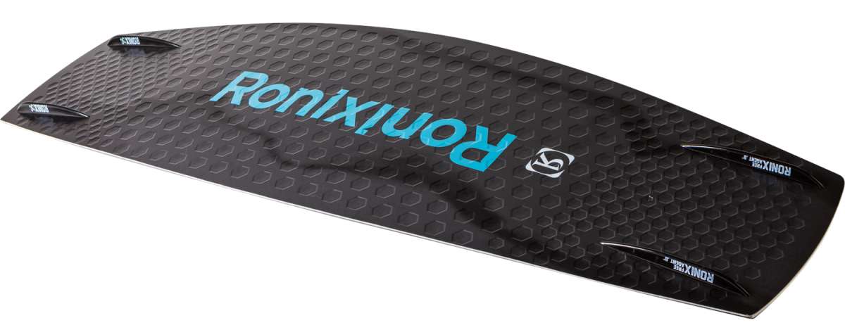 Ronix Parks Modello Wakeboard 2022 - A black wakeboard with a textured pattern and blue lettering that reads "Ronix" on top.