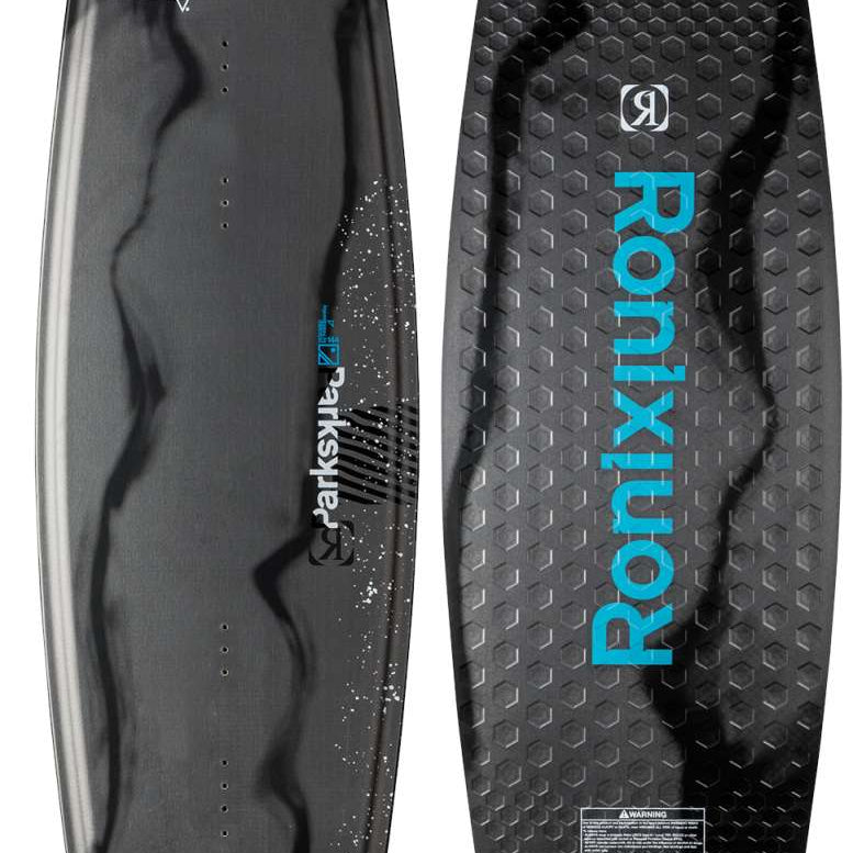 Ronix Parks Modello Wakeboard 2022 - A black wakeboard with a textured pattern and white lettering on top.