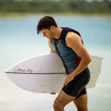 Ronix Party Impact Wake Vest 2022 - A black vest with a red and blue striped pattern on the front.