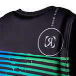 Ronix Party Impact Wake Vest 2022 - A black wetsuit with blue and green stripes on the chest area.