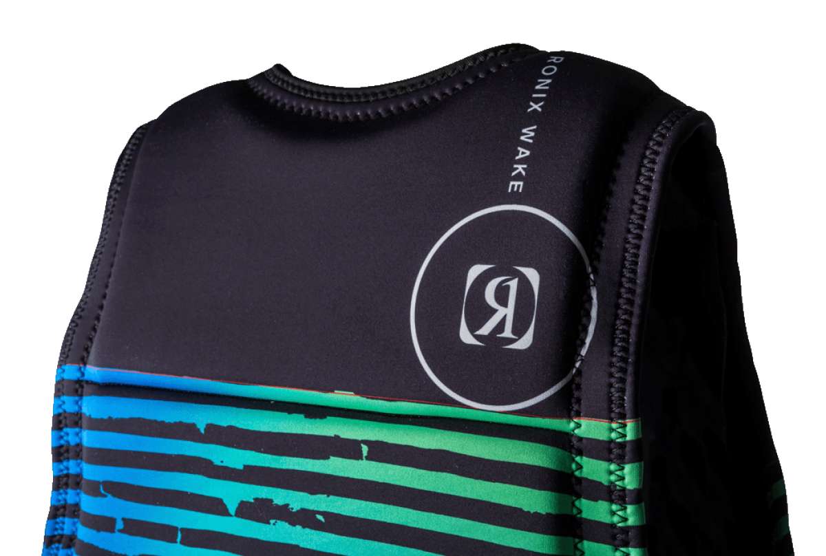 Ronix Party Impact Wake Vest 2022 - A black wetsuit with blue and green stripes on the chest area.
