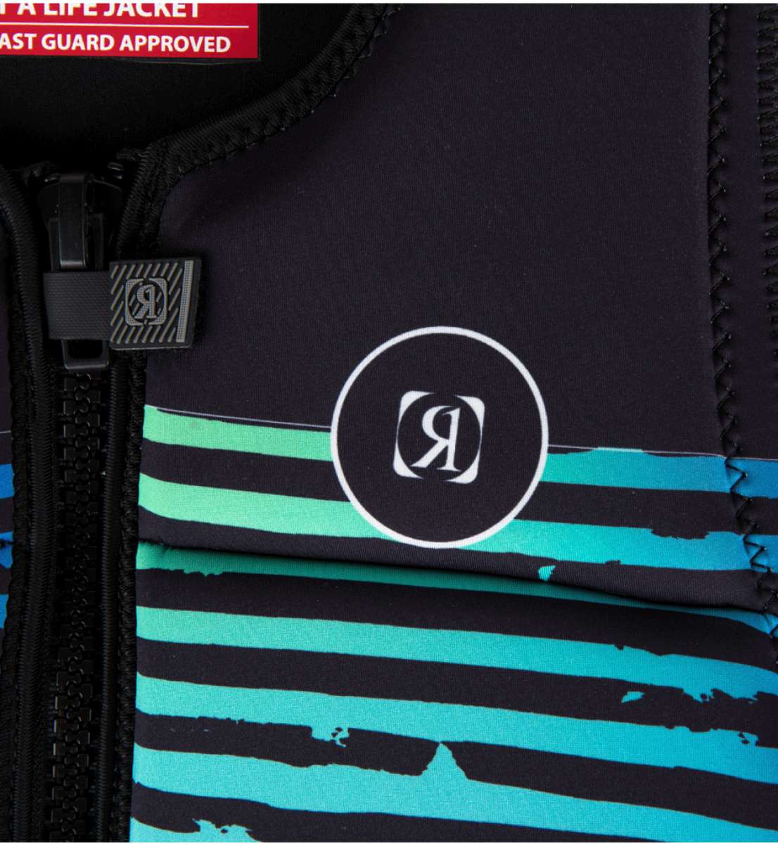 Ronix Party Impact Wake Vest 2022 - A black life vest with a white logo and green stripes on the chest area.