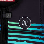 Ronix Party Impact Wake Vest 2022 - A black life vest with a white logo and green stripes on the chest area.