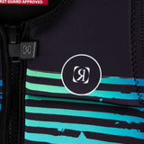 Ronix Party Impact Wake Vest 2022 - A black life vest with a white logo and green stripes on the chest area.