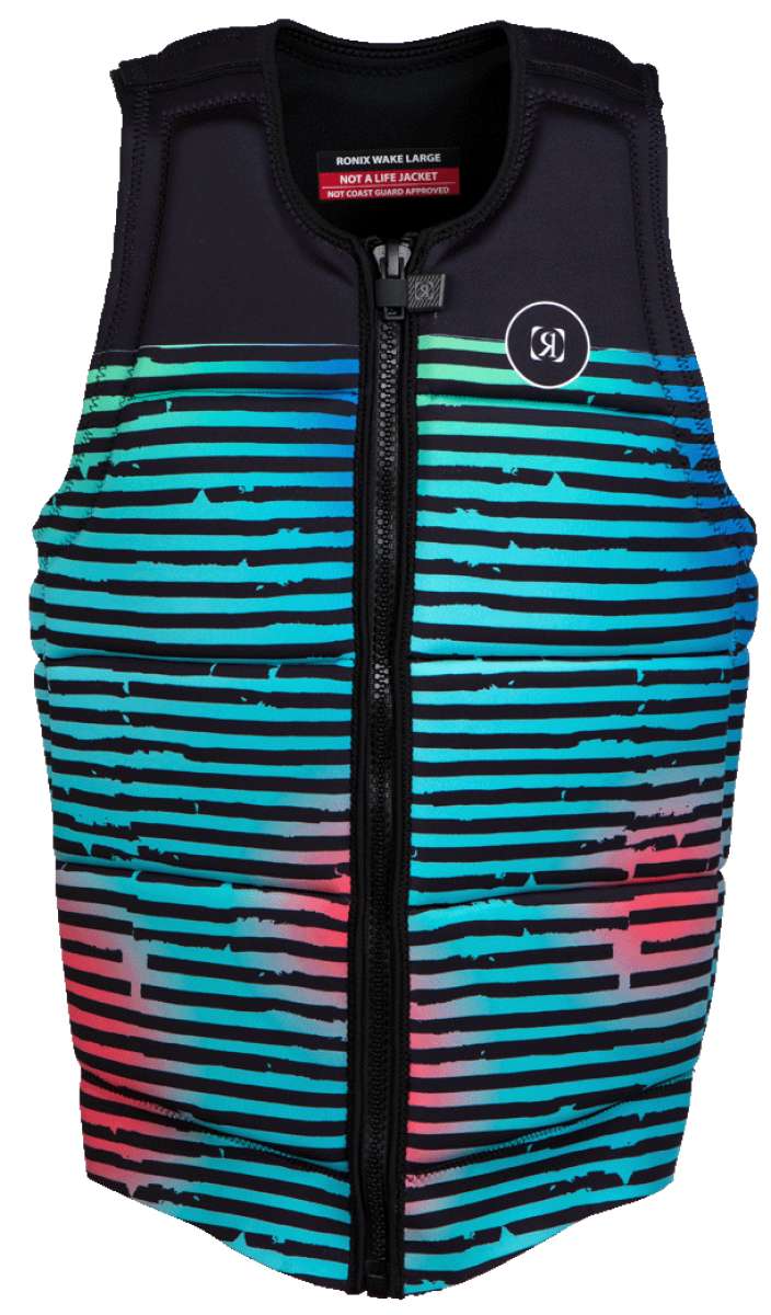 Ronix Party Impact Wake Vest 2022 - A black vest with a horizontal striped pattern in shades of blue, green, and pink.