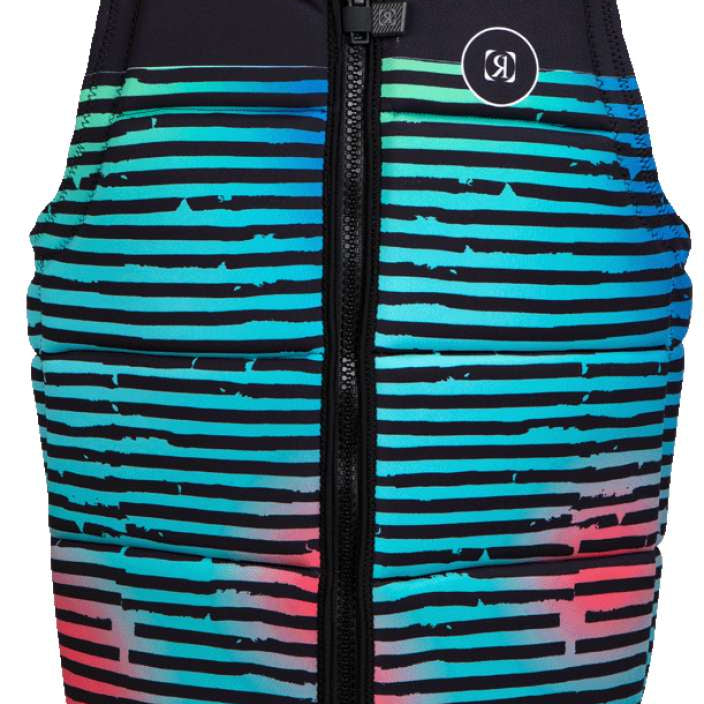 Ronix Party Impact Wake Vest 2022 - A black vest with a horizontal striped pattern in shades of blue, green, and pink.