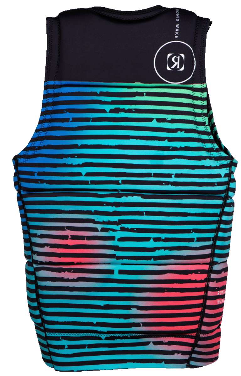 Ronix Party Impact Wake Vest 2022 - A black vest with a white logo on the upper right side and horizontal stripes in shades of blue, green, pink, and purple.