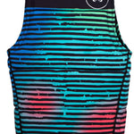 Ronix Party Impact Wake Vest 2022 - A black vest with a white logo on the upper right side and horizontal stripes in shades of blue, green, pink, and purple.