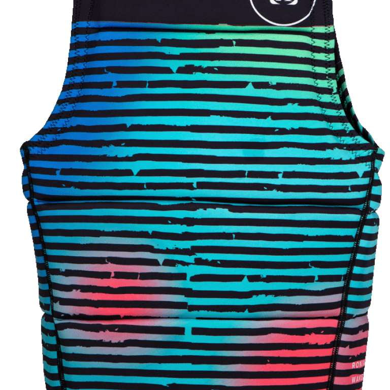 Ronix Party Impact Wake Vest 2022 - A black vest with a white logo on the upper right side and horizontal stripes in shades of blue, green, pink, and purple.
