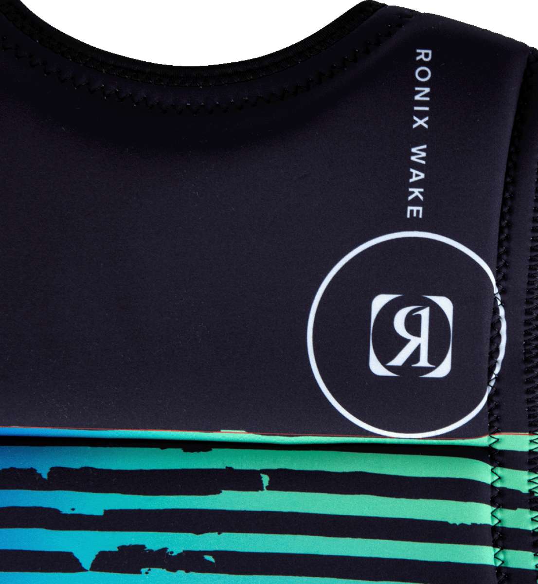 Ronix Party Impact Wake Vest 2022 - A black vest with a white logo and blue stripes on the bottom.