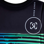 Ronix Party Impact Wake Vest 2022 - A black vest with a white logo and blue stripes on the bottom.