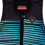 Ronix Party Impact Wake Vest 2022 - A black life jacket with a blue and green striped pattern on the front.