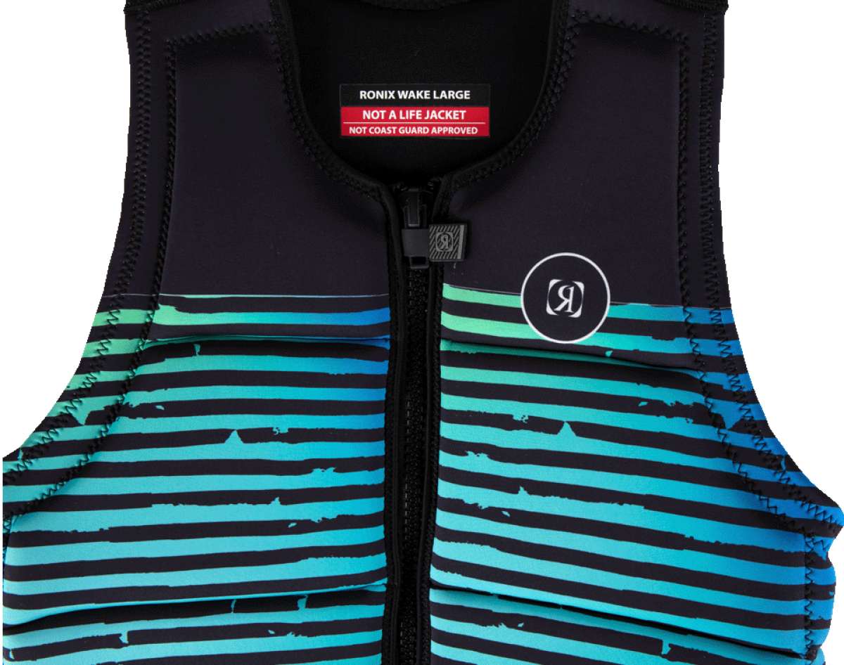 Ronix Party Impact Wake Vest 2022 - A black life jacket with a blue and green striped pattern on the front.