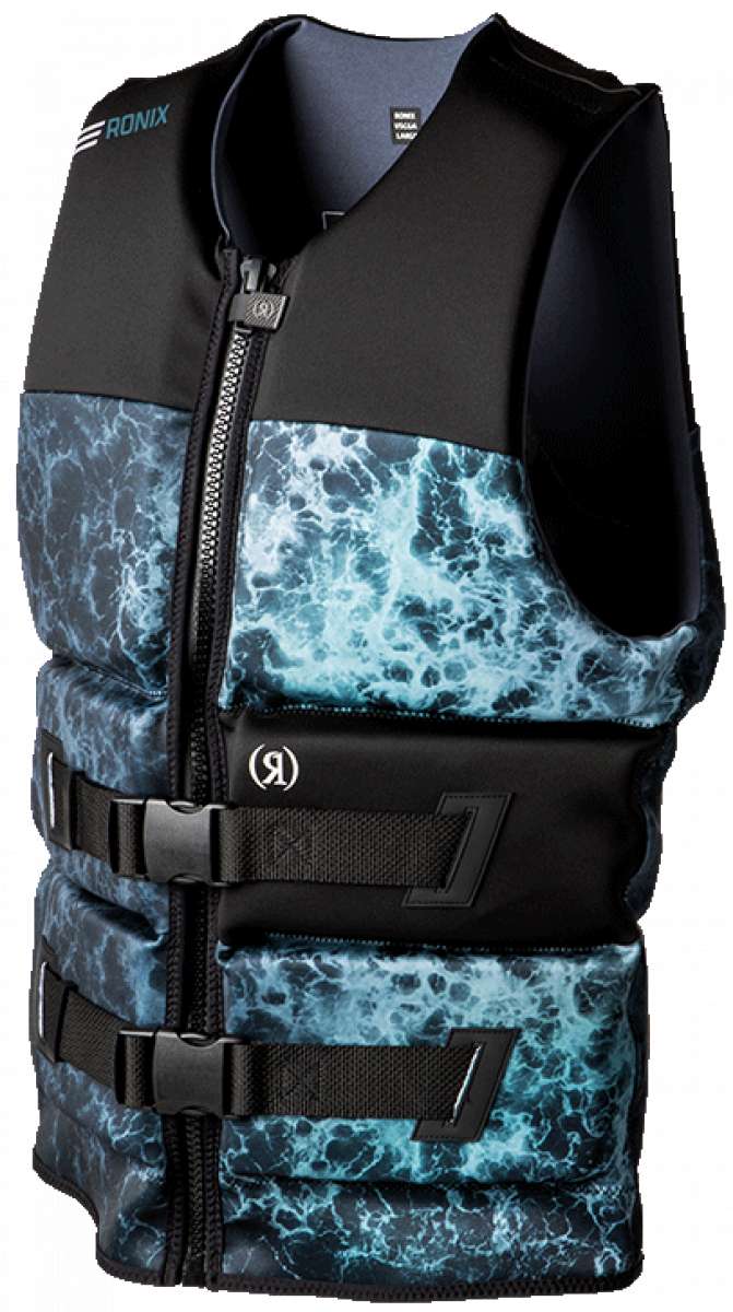 Ronix Point Break Yes CGA Vest 2023 - A black life vest with a white and blue marbled pattern on the chest area.